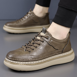 Men's Spring Casual Leather Sneakers Round Toe Lace-up Light Weight Walking Shoes Solid Color <b>Rubber</b> Outsole Cow Leather Upper - Product Image 2