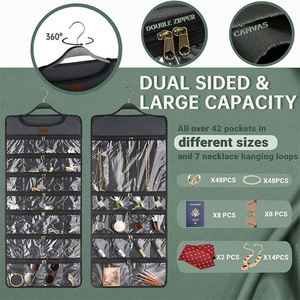 Best New Folding Large Wall Storage Bag Double Sided 49 Pockets Hanging Jewelry Organizer Zipper Black <b>Space</b>-<b>Saving</b> PVC Fabric - Product Image 5