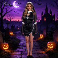 Kostum Cosplay Biarawati Seksi Gaun Satin untuk Permainan Peran dengan Lengan Jala Transparan dan Hiasan Renda untuk Pesta Halloween.