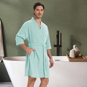 เสื้อคลุมวาฟเฟิลถักน้ำหนักเบาสำหรับผู้ชาย แขนสั้น สไตล์กิโมโน ชุดลำลองสำหรับฤดูร้อน ชุดสปา เนื้อผ้านุ่ม ชุดนอน - Product Image 6