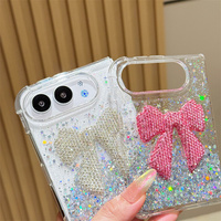 Étui de téléphone pliable de luxe en argent pailleté 3D avec nœud rose et cœur pour iPhone Duo 18 Fold pour iPhone Ultra, coque antichoc