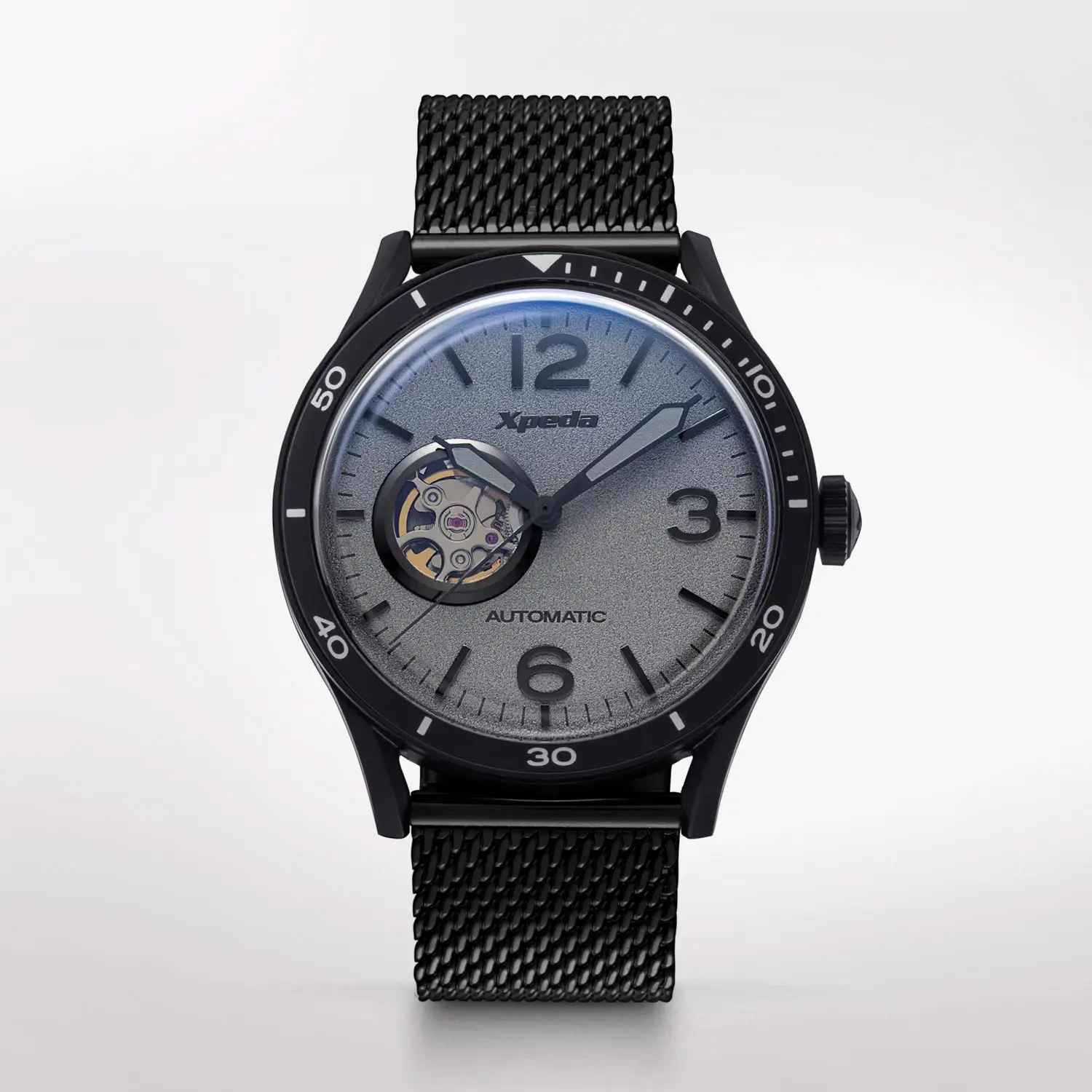 TIMEBOX TC807B2 hot sales stainless steel automatic mechanical 5 ATM waterproof mesh bracelet curved lens pilot watches men