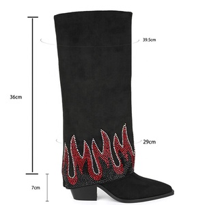 Bottines longues douces en suède avec superposition de petits diamants, bottes hautes pour femmes, bleu, talon épais, grande taille 45 - Product Image 5