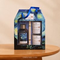 Coffret Cadeau Luxe Diffuseur à Bâtonnets et Bougie Parfumée Peinture Nuit Étoilée Impressionniste, Parfum Thé Noir 65g, Décoration Maison