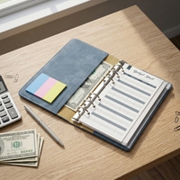 Portefeuille de budget en cuir PU bleu A6, carnet à feuilles mobiles, enveloppe pour argent, planificateur, classeur pour le bureau et la finance