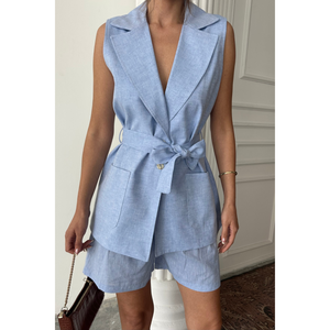 ชุดเสื้อกั๊กและกางเกงขาสั้นผ้าลินิน สีฟ้า ชุดฤดูร้อนสำหรับผู้หญิง ไซส์ S ชุดลำลอง - Product Image 4