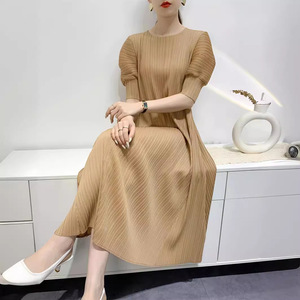 Abito Midi da Donna Primavera/Estate in Poliestere con Gonna Plissettata, alla Moda, Giovanile, Ampio, <span class=keywords><strong>Taglie</strong></span> Forti, Tinta Unita, Girocollo - Product Image 2