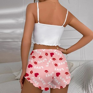 Nouvel ensemble décontracté deux pièces pour femme en soie de lait imprimée multi-styles, motif flamant rose, avec short et caraco, idéal pour la détente transfrontalière. - Product Image 4