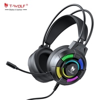 Casque audio et écouteurs T-WOLF H140 à réduction de bruit, casque de jeu filaire supra-auriculaire 7.1 USB avec éclairage LED pour PC