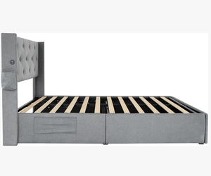 Letto matrimoniale moderno in velluto grigio lino, imbottito, con sollevamento a gas, contenitore e design in tessuto trapuntato a bottoni - Product Image 5
