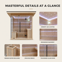 Sauna extérieur PLOUTARA, cabine panoramique en verre, éclairage LED ambiant, chauffage intégré, OEM pour villa, jardin, projet spa