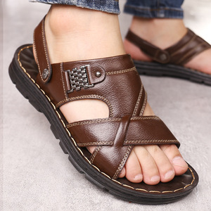Sandales décontractées pour hommes, en cuir imperméable, à semelle épaisse, type claquettes de plage pour l'extérieur - Product Image 3