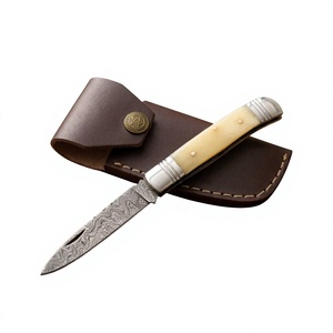 Cuchillo de bolsillo de acero de Damasco con punta de cuchillo, mango de marfil y funda de cuero, espesor de hoja de 0.6 mm, cuchillos plegables - Product Image 1