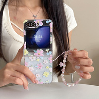 Coque de téléphone imprimée florale pastel Cottagecore pour Galaxy Z Flip 8-3 avec sangle mignonne en perles de cristal, housse de protection pliable
