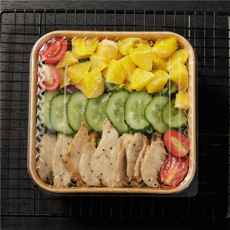 SM7-SL980 Eco Vriendelijke Food Grade Bruin Papier Pakket Afhaalmaaltijden Kraft Bakkerij // Fruit/Sushi Box Lade Salade Container Met Enkele Pe