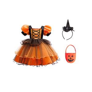 Girls <b>Princess</b> Halloween Costume Witch Dress Puff Sleeve <b>Pumpkin</b> Mesh Dress With Hat And Bag 5-7 Years - Product Image 1