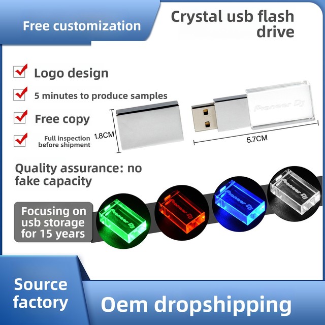New Crystal USB Pen Drive 32GB/64GB Custom Engraving Logo LED Lighting 1-Year Warranty 2.0/3.0
