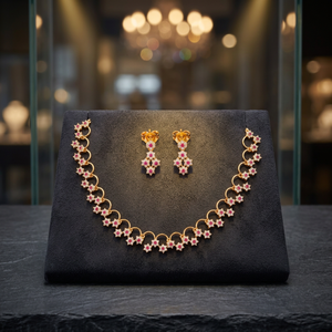 Elegant Matte Gold CZ Crystal Star Flower Chain <b>Necklace</b> Set Small Drop Earrings <b>Ruby</b> Pink Stone Minimalist Indian Jewelry - Product Image 3