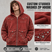 Sweat à capuche zippé personnalisé avec clous, en molleton de coton épais, orné de strass, pour homme, style streetwear