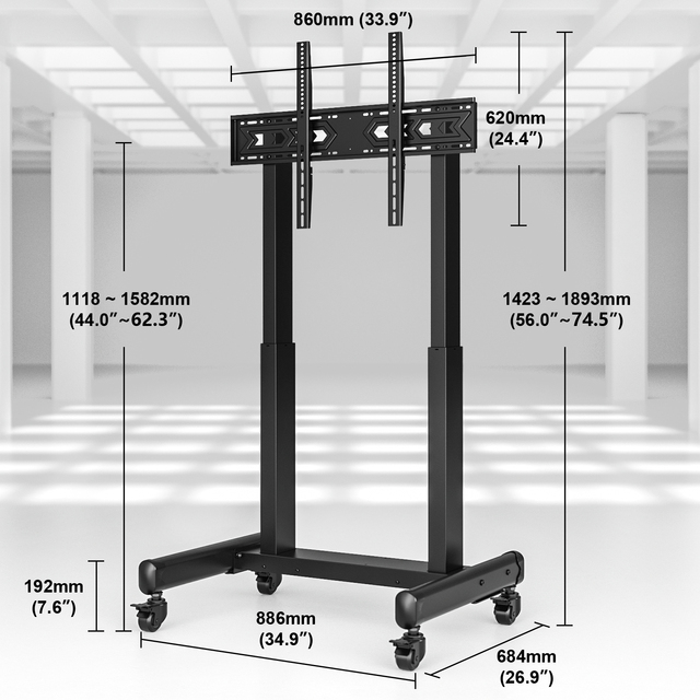 Large Heavy Duty Height Adjustable TV Rolling Floor Stand Motorized Mobile Cart With Wheels Casters Remote Control for 100 Inch