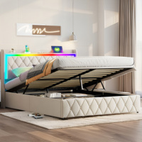 Cadre de lit relevable hydraulique multifonctionnel avec tête de lit capitonnée, éclairage LED RGB à changement de couleur et charge rapide USB Type C intégrée