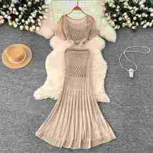 Robe midi décontractée coréenne d'été pour femme en polyester/coton, style empire, avec dentelle ajourée, tricotée, à bretelles spaghetti, manches courtes, imprimé numérique - Product Image 1