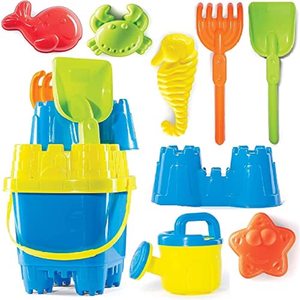 Wholesale plastic beach sand toys bucket set with sifter, shovel, rake, watering can, 5 animal and castle sand molds