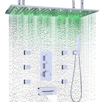 Système de douche cascade LED Honajo 3 poignées 16x32 pouces avec 6 jets corporels et douchette multifonction 2-en-1, ensemble de robinetterie chromé pour douche complète