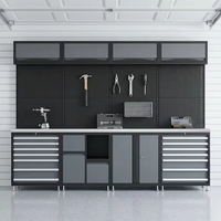 Station de travail professionnelle avec armoire haute, prise de courant, enrouleur de tuyau d'air, armoire à outils à 7 tiroirs, système de rangement pour garage
