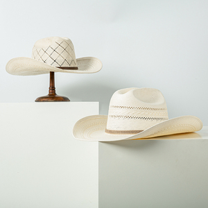 <span class=keywords><strong>Sombrero</strong></span> <span class=keywords><strong>de</strong></span> <span class=keywords><strong>Vaquero</strong></span> Occidental Personalizado Vintage <span class=keywords><strong>de</strong></span> Paja Bangora Marrón con <span class=keywords><strong>Frente</strong></span> Plegado y Diseño Trenzado, Estilo Cattleman, Color Marfil - Product Image 6