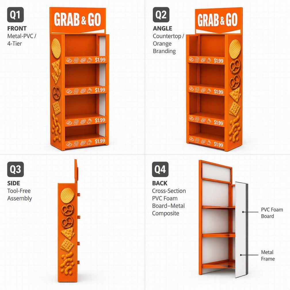 Apache Custom Snack Display Rack 4-Way 4-Tier Metal Food Merchandiser Knock Down Rotating Stand for Convenience Store OEM ODM — view 3