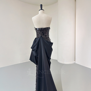 Vestido de noche de lujo con lentejuelas negras y flecos, escote en V profundo, estilo sirena, con cola de satén drapeada para mujer, Jancember. - Product Image 4