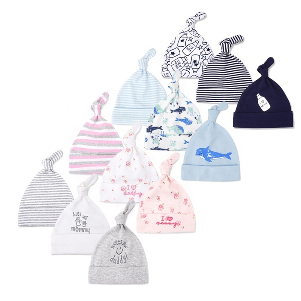 Заводская оптовая продажа, 3 пары в упаковке унисекс 100% из органического хлопка с милым рисунком для новорожденных Детские шапки-бини