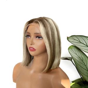 Pre desplumado Rubio <span class=keywords><strong>Balayage</strong></span> <span class=keywords><strong>en</strong></span> marrón <span class=keywords><strong>Bob</strong></span> <span class=keywords><strong>corto</strong></span> Peluca 4x4 13x4 Peluca con malla frontal Peluca de cabello humano sin pegamento - Product Image 5