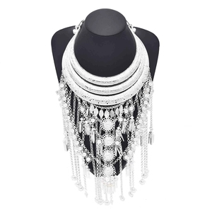 Collar étnico de borla larga de Color plateado para mujer, collar llamativo con babero para mujer, joyería de Festival - Product Image 1