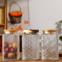 Bocaux carrés en verre borosilicate gravé avec couvercle en bois pour biscuits, bonbons, rangement de cuisine, décoration intérieure, design artistique