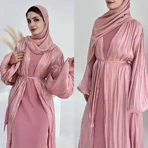 2024 Wholesale Turkish Luxury Modest Dubai Abaya Balloon Sleeve Women Muslim Dress Robe Shining Satin Silk Open Kimono Abaya