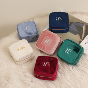 Wholesale Custom Square Velvet Travel Jewelry Case - Elegant Zipper Closure, Portable <b>Storage</b> <b>Box</b> for Ring Earring Necklace - Product Image 3