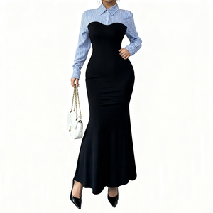 Nouvelle robe maxi tendance pour femmes, style sirène, robe de bureau pour femmes, col chemise rayé, manches longues, robe pour le travail - Product Image 4