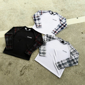 Waffle Knit Long Sleeve Custom Manufacturers <b>Patchwork</b> Checkered Long Sleeve <b>Shirt</b> Crew Neck Casual Long Sleeve T <b>Shirt</b> - Product Image 1
