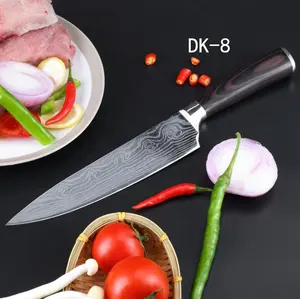 Pisau makanan memasak Damaskus pisau gelombang kecil merek logo OEM standar tinggi dengan pegangan kayu antiselip