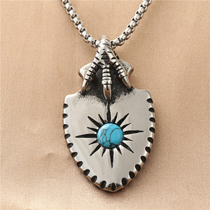 Pendentif Bouclier avec Pierre Turquoise, Collier en Acier Inoxydable, Bijoux Rétro pour Hommes, Design Géométrique, Cadeau 190186 - Product Image 1