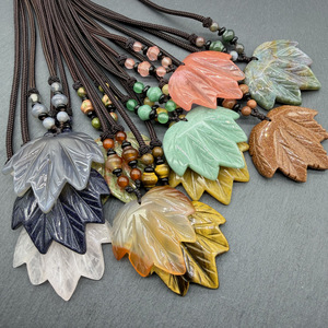 Collier pendentif en agate de cristal naturel, pierre semi-précieuse, feuille d'érable <span class=keywords><strong>canadienne</strong></span>, chaîne de pull - Product Image 3