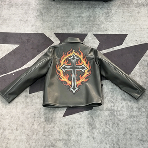 Veste en cuir PU pour homme, style gothique, motif flamme croisée, streetwear, moto, vintage, impression DTG Kornit, vente en gros OEM - Product Image 1