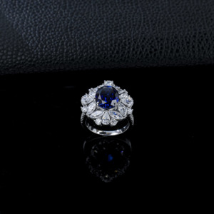 925 Sterling Silver Lab Created Sapphire Oval Cut Floral Halo <b>Statement</b> <b>Ring</b> - Product Image 3