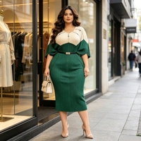 Nouvelles Arrivées Robe Plissée Midi Élégante à Manches Chauve-Souris et Col en V avec Ceinture, Ornée de Perles Miyaki, Grande Taille, pour Soirée et Tenue Décontractée Femme