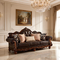 Vintage Europäisches Ledersofa-Set Handgeschnitzter Massivholzrahmen Luxuriöse Wohnzimmermöbel