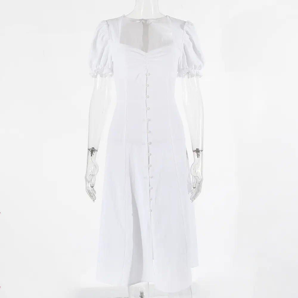 RS1503 élégant Style français blanc robe d'été 2021 Boho manches bouffantes col carré fente femmes robes mince a-ligne Vestido