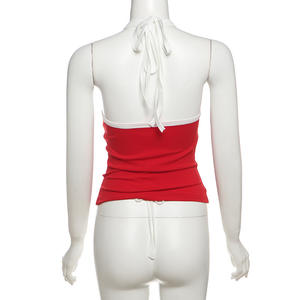 Rosso estivo Sexy senza maniche Sexy con ombelico esposto gilet con imbracatura a collo alto Casual da donna T-shirt - Product Image 6