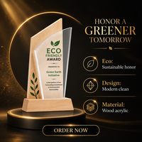 Trophée personnalisé en bois recyclé écologique avec gravure acrylique pour événements d'entreprise